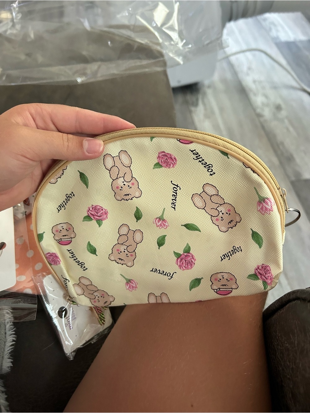 🔥$2 Cute Floral Bear Cosmetic Pouch - Cream & Pink